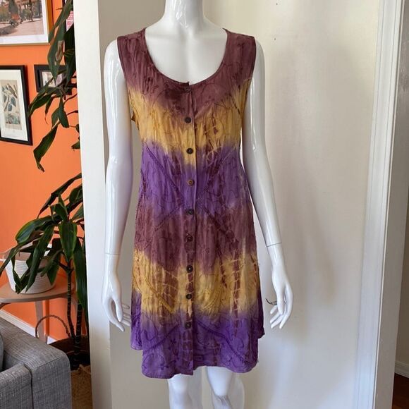 Vintage Flower Brand Yellow and Purple Tie Dye Tunic Dress with Waist Ties - Picture 2 of 13